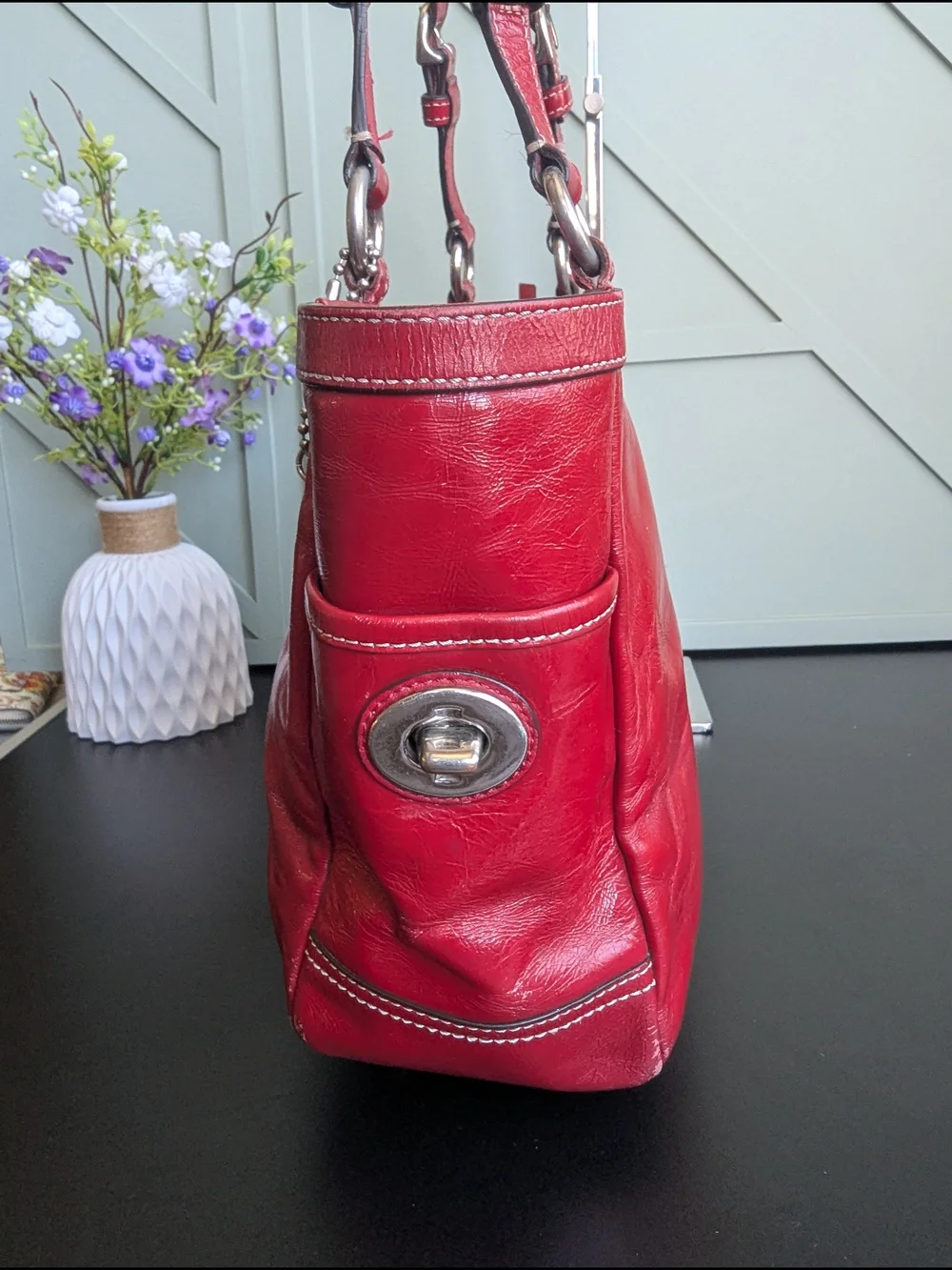 Coach Red Leather Shoulder Tote with Charm